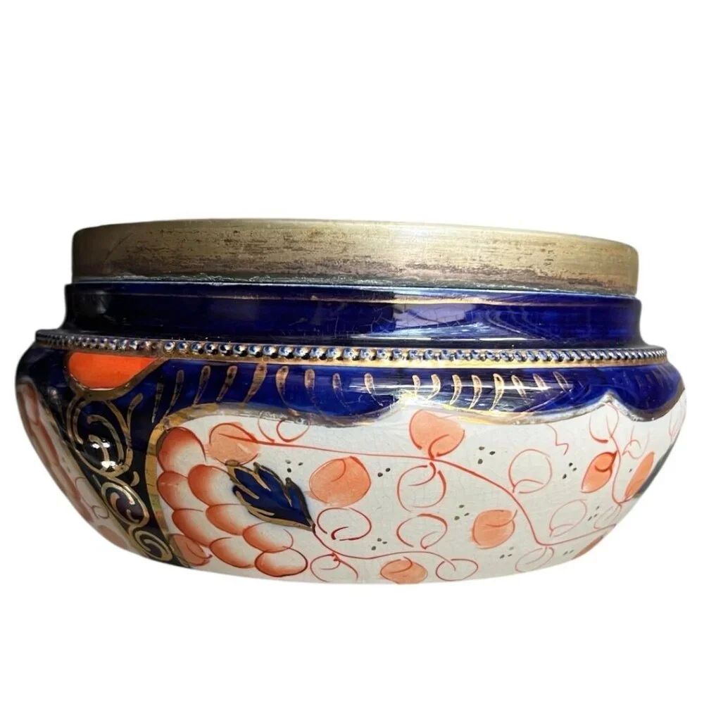 Antique A. Wood & Co Jardinière Bowl Cobalt Floral Gold Brass‎ Rim Crown Mark